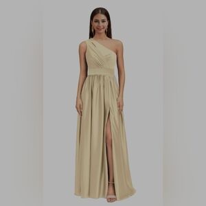Tan/yellow/gold one-shoulder A-line long formal dress with a slit. Size Large